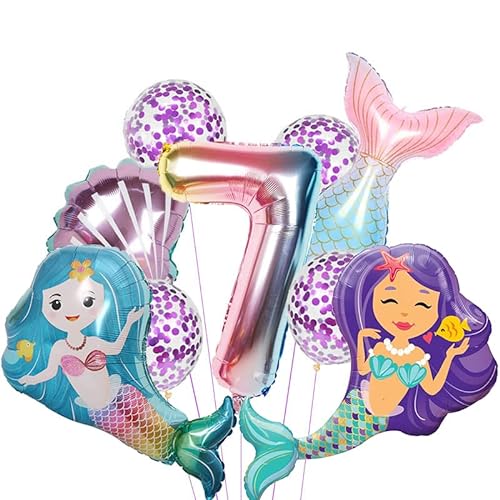 Aapxi Meerjungfrau Luftballons set 7 Jahr - Meerjungfrau Kindergeburtstag deko 9 Stücke xxl Folienballon,Geruchloser Heliumballon der Lange Zeit Schwimmt von Aapxi