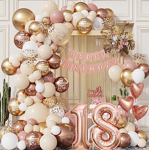 18 Geburtstag Deko 18. Geburtstag Mädchen - Luftballon Girlande Rosa Rosegold Gold Confetti Beige Weiß - Ballon Girlande Geburtstagsdeko 18 Mädchen Geschenk Tischdeko Geburtstag von Aapxi