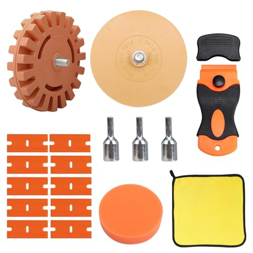 Folienradierer, Aufkleber Radiergummi Set, Gummi Radierscheibe mit Adapter, Radierscheibe, Radierer Aufkleber Entferner,Schaber Kunststoff mit 10 Kunststoffklinge,für Entfernen Kleberesten am Fahrzeug von Aarcyye