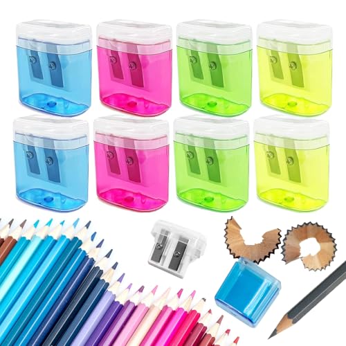 Aatpuss 12 Stück Anspitzer mit Behälter, 4 Farben, Doppel Loch Pencil Sharpener, Anspitzer mit Deckel Kinder, Für Dicke Und Feine Minen von Aatpuss