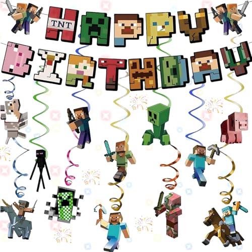 Aatpuss 13 Stück Pixel Geburtstagsdekoration, Pixel Geburtstag Banner Für Jungen, Gamer Party Dekoration Pixe Stil, Für Pixel Games Geburtstag Paty Dekorationen Und Kinder Party Supplies von Aatpuss