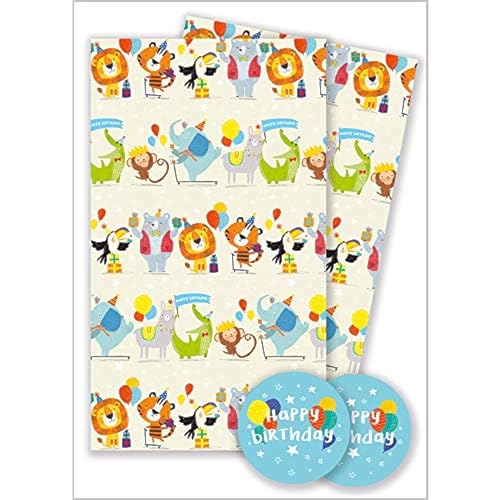 Abacus Cards 12365A Geschenkpapier mit Tiermotiven, mit 2 Bögen und 2 Etiketten, ohne Kunststoff, mehrfarbig von Abacus Cards