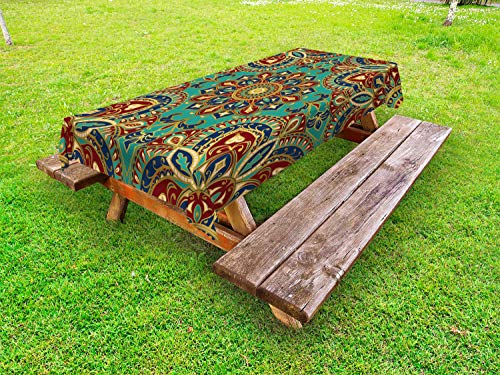 Abakuhaus Mandala Outdoor-Tischdecke, orientalisch, dekorative waschbare Picknick-Tischdecke, 145 x 305 cm, Teal Indigo Rubin von ABAKUHAUS