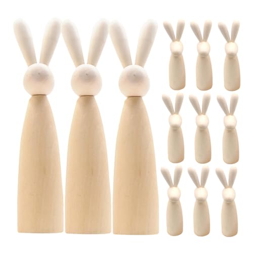 Abaodam 12 Stück Hasenkopf-Holzfigur unfertige Hasenpuppen Kaninchenfigur Kaninchen-Skulptur Steckpuppen unvollendet Hasen-Steckfiguren Handgefertigte Peg-Puppen Hasenfigur aus Holz Beige von Abaodam