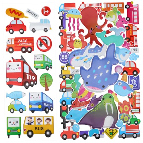 Abaodam 3 Blätter Cartoon Aufkleber Tiere Fahrzeuge Sealing Sticker Bunte Selbstklebende Dekoration für Notebooks Handys Kühlschränke Kindergeburtstag Basteln und Kreativprojekte von Abaodam