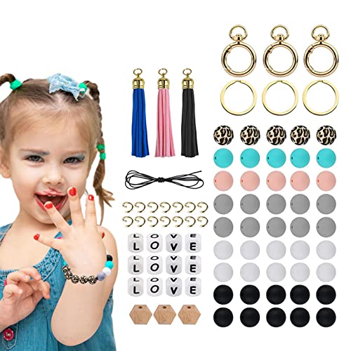 Abbto 2 Stück Silikonperlen mit Kordel und Quaste | Inklusive 15 mm runden Perlen Gummiband Schlüsselanhänger mit Quaste Set von 84 | Kit zur Herstellung von Silikonperlen für Schlüsselanhänger für von Abbto