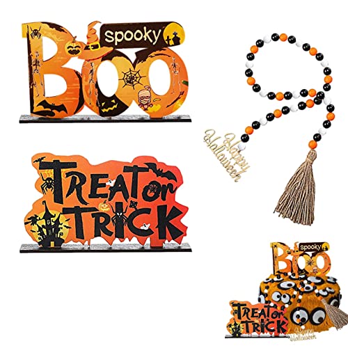 Abbto Halloween-Abgestufte Tablettschilder | rustikale Dekoration des Spukhauses von Happy Halloween Boo - Girlande aus Holzperlen, Tischschilder mit Quasten von Abbto