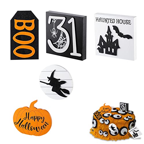 Abbto Halloween-Abgestufte Tablettschilder – rustikale Dekoration des Spukhauses von Happy Halloween Boo | Party-Tischschild, Holzperlen-Girlande, Quaste von Abbto