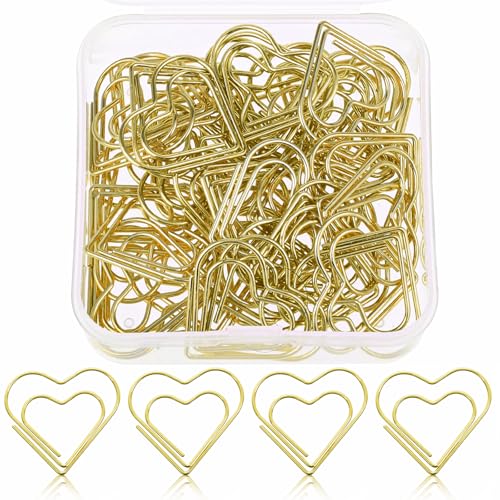 100 Stück Büroklammern Herz Büroklammern, Gold Büroklammer Herzförmige Büroklammern, Lesezeichen in Liebesform, Büroklammern aus Metall für Bürobedarf Hochzeiten Postkarten Schule Büro Vorräte von Abeillo