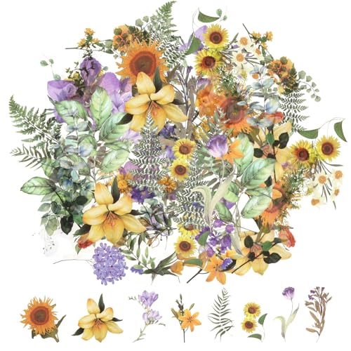 120 Transparente Scrapbooking Aufkleber, PET Blumen Aufkleber Pflanzen Sticker, Flower Stickers, Blumenaufkleber für Scrapbook Fotoalbum Sammelalbum Laptops Handwerk(Natürlich) von Abeillo