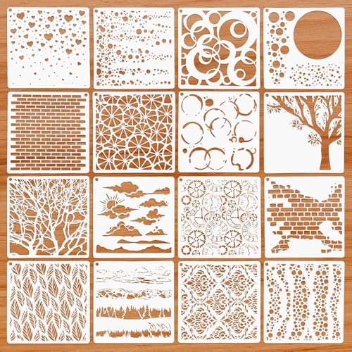 16 Stück Schablonen zum Malen,Wiederverwendbare Landschafts Malschablonen,Kunststoff Zeichnung Malschablonen,Schablonen Textilgestaltung, Malschablonen für DIY Scrapbooking Möbeln Wand Dekoration von Abeillo