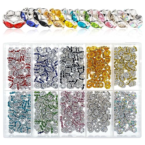 600 Stück Glasperlen Strass Rondelle Zwischenperlen, 7mm Metall Spacer Perlen zum Auffädeln, Metallperlen Kristall Loose Round Quetschperlen Beads für Armbänder Ohrringe Halskette Schmuckherstellung von Abeillo