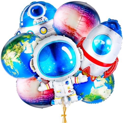 Abeillo Kindergeburtstag Deko - 7 Stk Geburtstagsdeko Jungen mit einer Rolle Schleifenband Weltraum Geburtstag Party Dekoration Astronauten Raketen Folienballon Birthday Decorations von Abeillo
