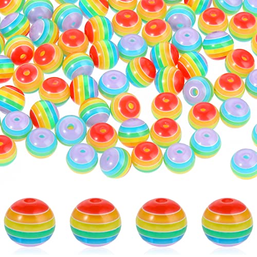 Abeillo 100 Stück Acryl Bastelperlen zum Auffädeln 10 mm Regenbogen Perlen mit Loch, Runder Kunststoff Streifenperlen, Rainbow Beads, Acrylperlen für Armbänder Halsketten Schmuck von Abeillo