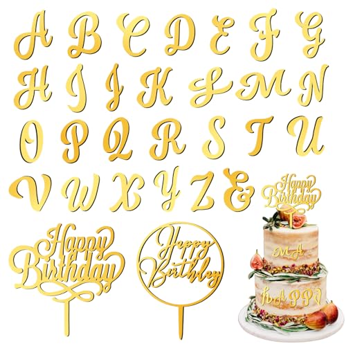 Abeillo 27 Stück Deko Torte Buchstaben, Gold KuchenDeko Buchstaben Geburtstag Acryl, A-Z Großbuchstaben Set Kuchen Deko, Buchstaben für Torte, Essbare Buchstaben für Torte, torten deko von Abeillo