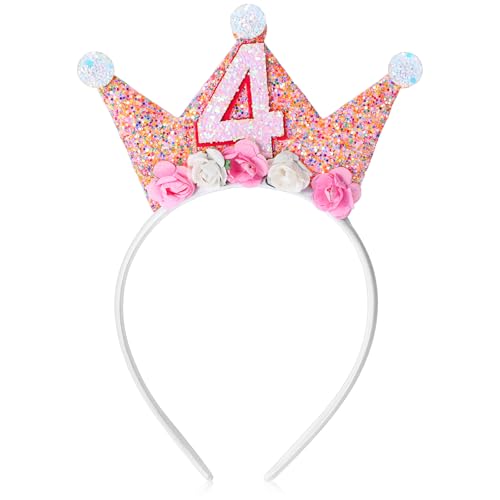 Abeillo 4 Jahr Geburtstagskrone,Mädchen Prinzessin 4 Jahre Krone Geburtstag,Geburtstag Krone Stirnband mit Rose Blumen,4 Jahr Geburtstagskrone Mädchen,Baby Geburtstag Partyhüte Party Deko von Abeillo