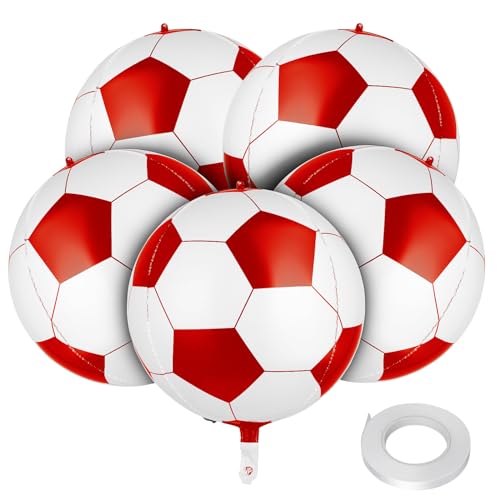 5 Stück Fussball Luftballon, 22 Zoll Geburtstagsdeko Fussball, 3D Party Fussball Deko Fußball Folienballon mit Bänder für Kinder Junge Geburtstag Sport Fussball Thema Kindergeburtstag Dekoration (Rot) von Abeillo