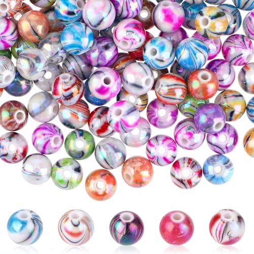 Abeillo 500 Stück Acryl Perlen 8mm Mehrfarbig Bastelperlen zum Auffädeln, Runde Lose Beads Bunte Tintenmuster Schmuckperlen für Armbänder, Halsketten, Kleidung und Schmuckherstellung von Abeillo