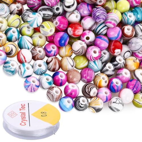 Abeillo 500 Stück Acryl Perlen 8mm Mehrfarbig Bastelperlen zum Auffädeln mit Kristallkabel, Runde Lose Beads Bunte Tintenmuster Schmuckperlen für Armbänder, Halsketten, Kleidung Schmuckherstellung von Abeillo