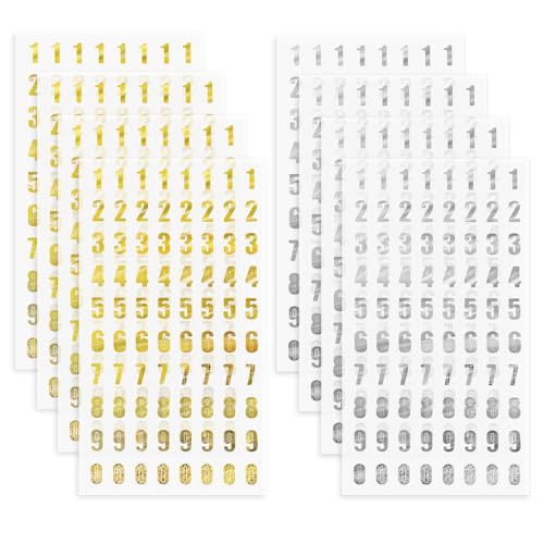 Abeillo 640 Stück Zahlen Aufkleber 8 Blatt Gold Silber zum Aufkleben, Nummern für DIY Handgemachte Sammelalben Grußkarten Kunsthandwerk Datum von Abeillo
