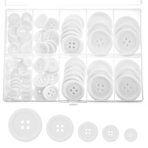 100 Stück Harzknöpfe zum Nähen, 5 Größen, Flache Rückseite, Nähknöpfe, 4 Löcher, Weiße DIY-Knöpfe mit Aufbewahrungsbox, Runde Gemischte Knöpfe zum Basteln, Nähen, Urlaubsdekoration (Weiß) von Abeillo