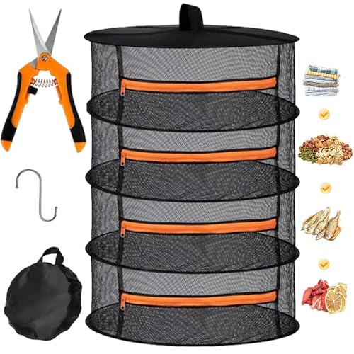 Abiemuce Trockennetz Kräuter Orange, 4-lagiges Kräutertrockner Hängend mit Astschere und S-förmige Haken, Hochwertiges Trockennetz mit Zipper, Atmungsaktives– Netz für Ernte und Kräutertrocknung von Abiemuce