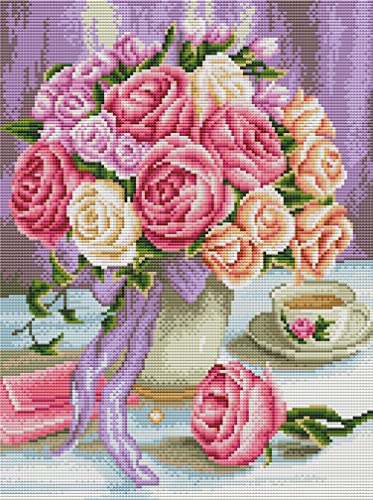Abillyn Kreuzstich Stickpackungen Vorgedruckt, Weiße Rosa Rosen in der Vase Stickerei Set (Rose) von Abillyn