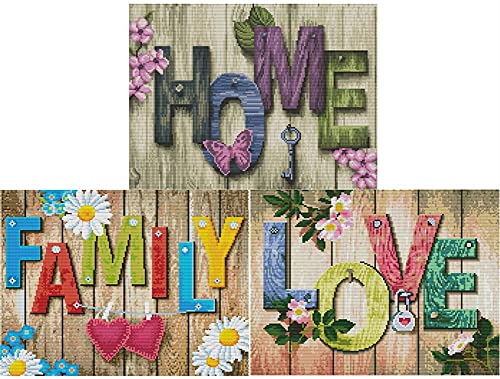Abillyn Stickerei-Kreuzstich-Set, Holzschild "Home and Love and Family", 3er-Pack, gestempelt mit gedrucktem Muster, Starter-Set (Home & Love & Family 3er-Pack) von Abillyn