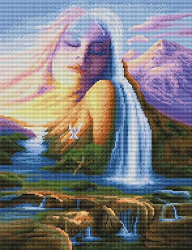 Abillyn Stickerei-Kreuzstich-Set, für Frauen, Berge, Wasserfall, Fluss, Wolken, Landschaft, mit aufgedrucktem Muster, Starter-Set (Querformat) von Abillyn