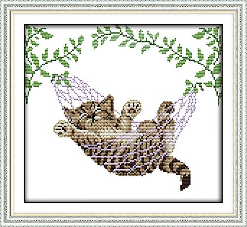 Abillyn Stickerei-Kreuzstich-Set, Katze auf Hängekorb, gestempelt mit gedrucktem Muster, Starter-Set (Kätzchen) von Abillyn