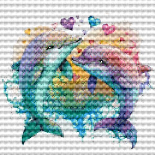 Abillyn Stickerei-Kreuzstich-Set, Liebesherz, Delfin, gestempelt mit gedrucktem Muster, Starter-Set (Delfin) von Abillyn