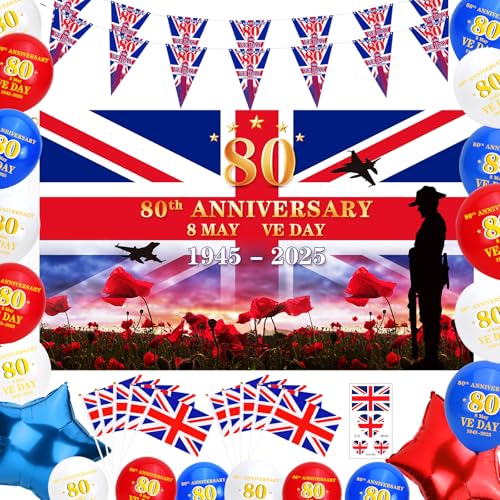 Abitoncc VE Day Flagge 80. Jahrestag Dekorationen 1945-2025 Gedenkfeier Feier Flagge 90 x 150 cm Dreieckiger Sieg in Europa 80. Jahrestag Party Dekorationen Wimpelkette für draußen drinnen Schule von Abitoncc