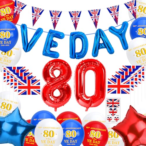 Abitoncc VE Day Luftballons Banner 80. Jahrestag Dekorationen 1945-2025 Gedenktafel Dreieckige Feier Flagge Sieg in Europa 80. Jahrestag Party Dekorationen Wimpelkette für draußen und drinnen von Abitoncc