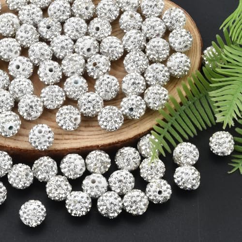 120 Stück 10 mm Strass-Ton-Perlen, Polymer, ausgefallene Bling-Perlen für Baseball-Halskette, runde Shamballa-Disco-Perlen für Schmuckherstellung, Weiß von Abitoncc