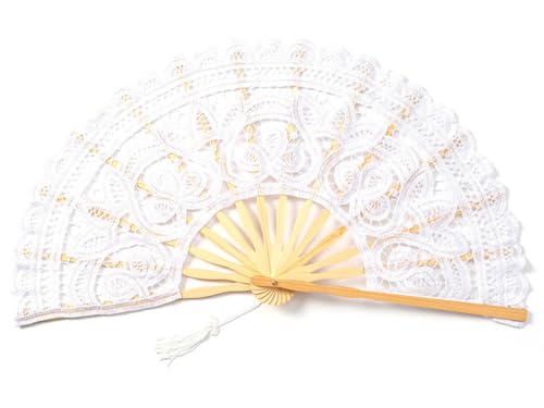 Abiyou Vintage Spitzenfächer, Weiß Spitzenfächer, Spitzenfächer mit Quaste Vintage, Spitzefächer Handfächer, Faltbarer Handfächer, Handfächer Faltfächer mit Anhänger, für Abschlussball Party, Decorati von Abiyou