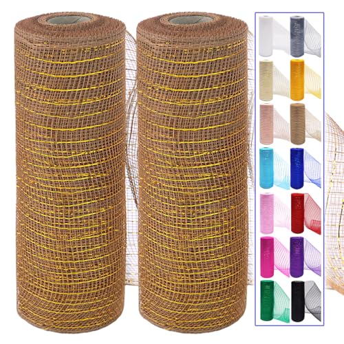 2 x braune Deko-Mesh-Bänder, 25,4 cm, 9,1 m, dekoratives Netzgewebe mit Folie für Kränze, Weihnachtsbaum, Band, Tür, Basteln, Halloween, Dekoration, Hochzeit, Partyzubehör (Braun, 2 Stück) von Ableme Deco