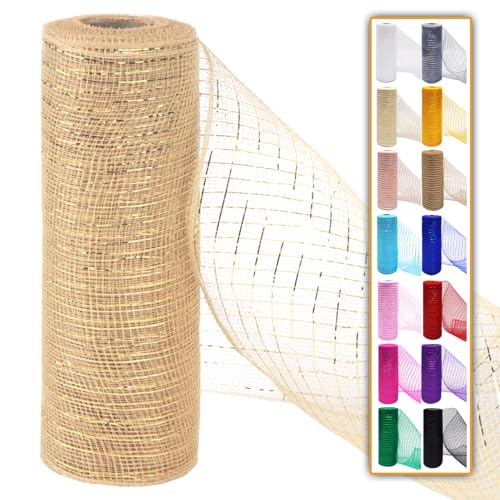 Dekoratives Netzband mit Folie für Kränze, Weihnachtsbaum, Tür, Basteln, Halloween, Dekoration, Hochzeit, Party, Zubehör, Champagner, Gold, 25,4 cm, 9 m (Champagner, 1 Stück) von Ableme Deco