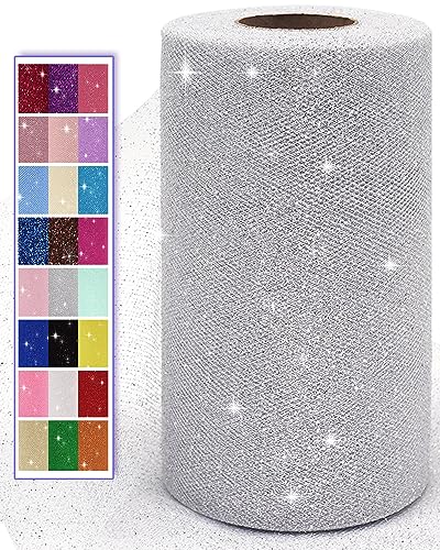 Glitzer-Tüll-Stoffrollen, 15,2 cm, 45,7 m, funkelnde Spule, Pailletten-Netz für Tutu, Rock, Geschenkverpackung, Hochzeit, Party, Dekoration (Silber) von Ableme Deco