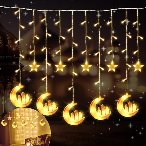 Abnaok LED Ramadan Lichterkette Deko, 3M Eid Ramadan Deko LED Star Moon Vorhang Dekorative Lichter mit 8 Beleuchtungsmodi von Abnaok