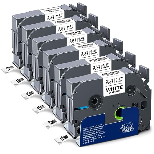 6x Absonic Schriftband Kompatibel für Brother P-touch Bänder 12mm TZe-231 TZe Etikettenband für Brother Beschriftungsgerät PT-1010 H105 D600 H100R H110 H101C H100LB H200 D400, Schwarz auf Weiß von Absonic