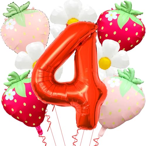 Erdbeerballons Beere Geburtstag Dekor - 40 Zoll Mylar Rot Zahl 4 Luftballons - Erdbeerballon für Erdbeere Geburtstag Dekorationen - Erdbeeren Thema Party Geburtstag Dekorationen von Abxqa