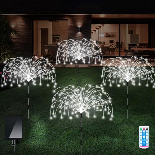 AcaJoe Solar Gartenleuchten für den Außenbereich 4er-Pack 480 LED Feuerwerk Landschaftspfad Solarbetriebene Lichterkette wasserdicht 8 modi mit Fernbedienung für Weihnachtsfeier (Warmweiß) von AcaJoe