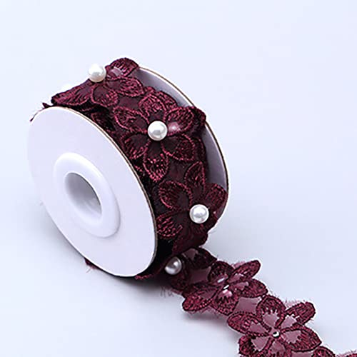 Spitzenband, dekoratives Spitzenband, 4,5 m, 3D-Organza-Blume, Spitzenbesatz, Perlenapplikation, Bastelband, bestickter Stoff, Nähen, Kleidung, Dekoration (Farbe: Rot) (Farbe: Weinrot) von AcaiMe