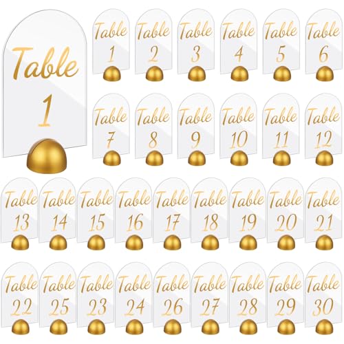 AceOrbit 30 Stück goldene Acryl-Tischnummern 1-30 mit Ständer, 10,2 x 15,2 cm, Acryl-Tischschilder mit goldenem runden Kartenhalter, Hochzeits-Sitztabelle für Empfang, Dekorationen, Event, Party von AceOrbit