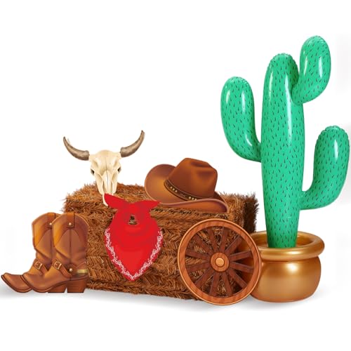 AceOrbit 7 Stück Western Cowboy Party Supplies Dekoration Fake Jumbo Heuballen Aufblasbarer Kaktus Wagon Rad Requisite Kaktus Requisite für Western Cowboy Photo Booth Requisiten Geburtstag Bauernhof von AceOrbit