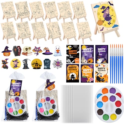 AceOrbit 87 Stück/12 Set Halloween unlackiertes Holz Bastelset Urlaub Malerei Geschenk Bulk vorgebohrte Holzornamente Aquarellfarben mit Karten Handwerk für Urlaubstaschen, Partyzubehör von AceOrbit