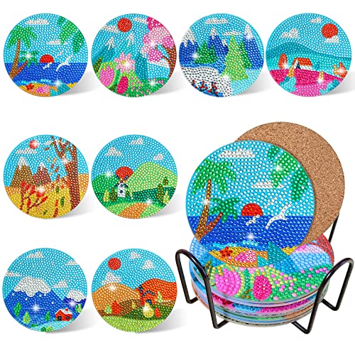 8 Stk Diamond Painting Untersetzer Mit Halter, Diamond Painting Erwachsene, Diamant Painting Bilder, Korkuntersetzer Zum Basteln, DIY Coasters, 5D Diamond Painting Unterteller für Kinder Anfänger von Acebwhtoy