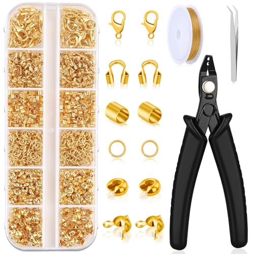 Acejoz 1200-teiliges goldenes Quetschperlen-Set, Schmuckherstellungszubehör beinhaltet Quetschabdeckungen, Quetschrohre, Drahtschutz, Karabinerverschlüsse, Biegeringe und Zange für die von Acejoz