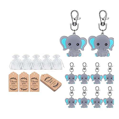 Acfthepiey 20 Stück Babyparty-Geschenke für Gäste, blaue Baby-Elefanten-Schlüsselanhänger, Organza-Beutel, Kraftanhänger, Elefanten-Mottoparty von Acfthepiey