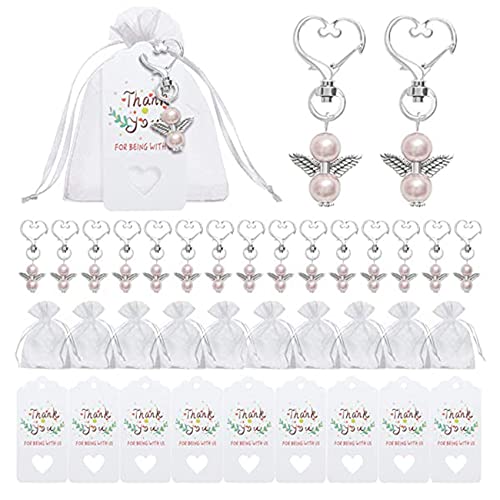 Acfthepiey 40 Sets Perlenengel mit Herz-Form-Schlüsselanhänger, Hochzeitsgeschenk-Set, inklusive Engel-Perlen-Schlüsselanhänger, Organza-Geschenkbeutel A von Acfthepiey